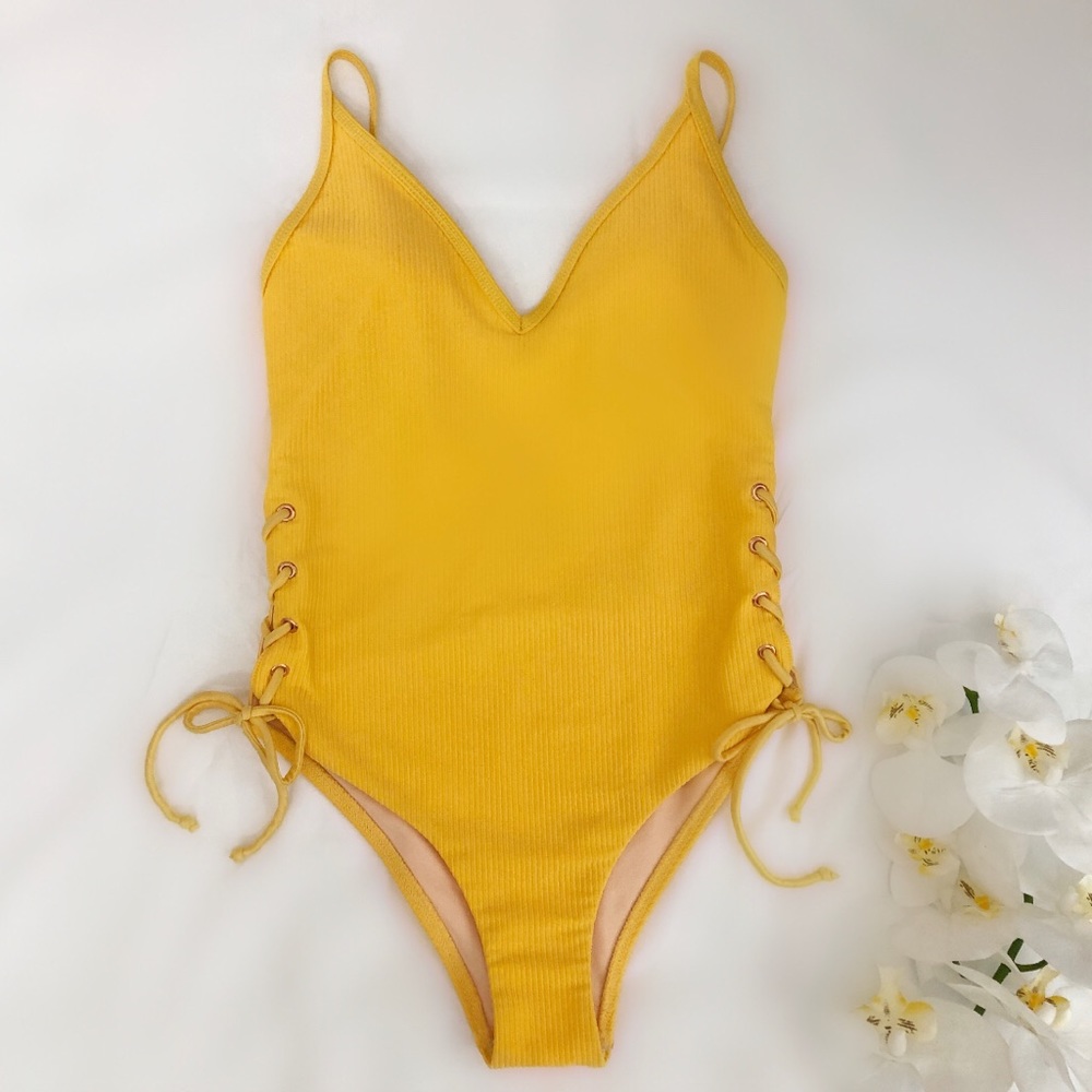 L.A. Hearts Yellow Ribbed One Piece Bathing Suit